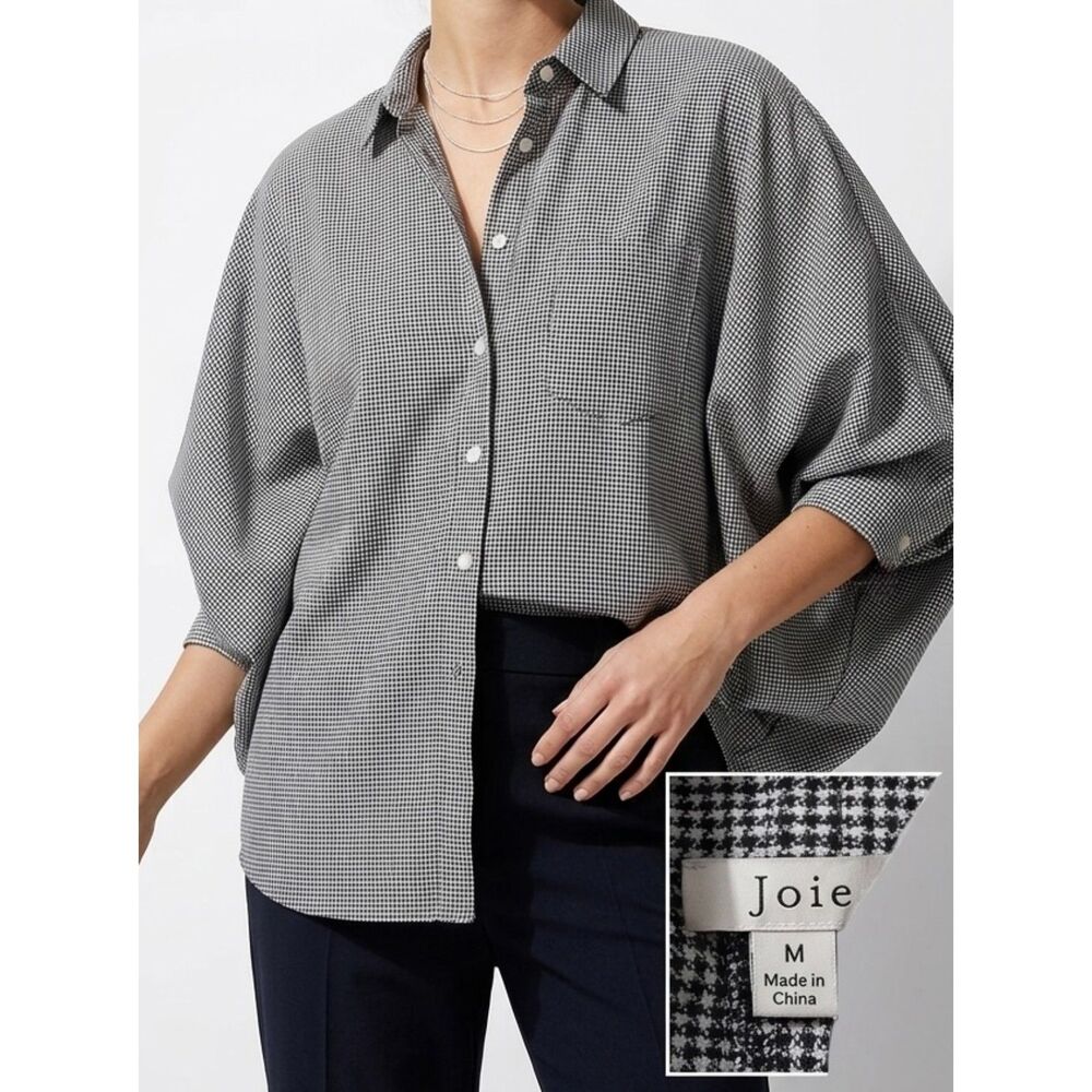 Houndstooth Dolman Oversized Joie Black White Button Down Top Size M Medium‎
